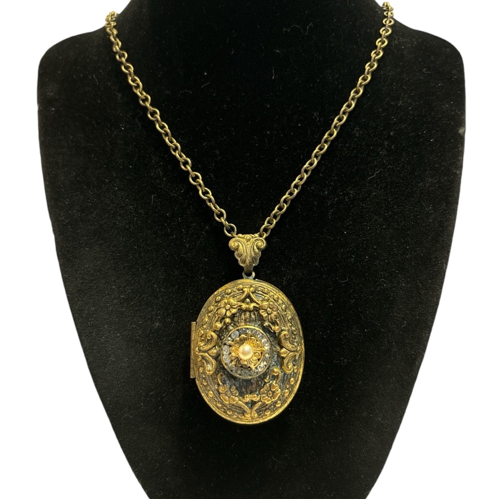 Antique Victorian Art Nouveau Oval Brass Double Locket Necklace 23”
